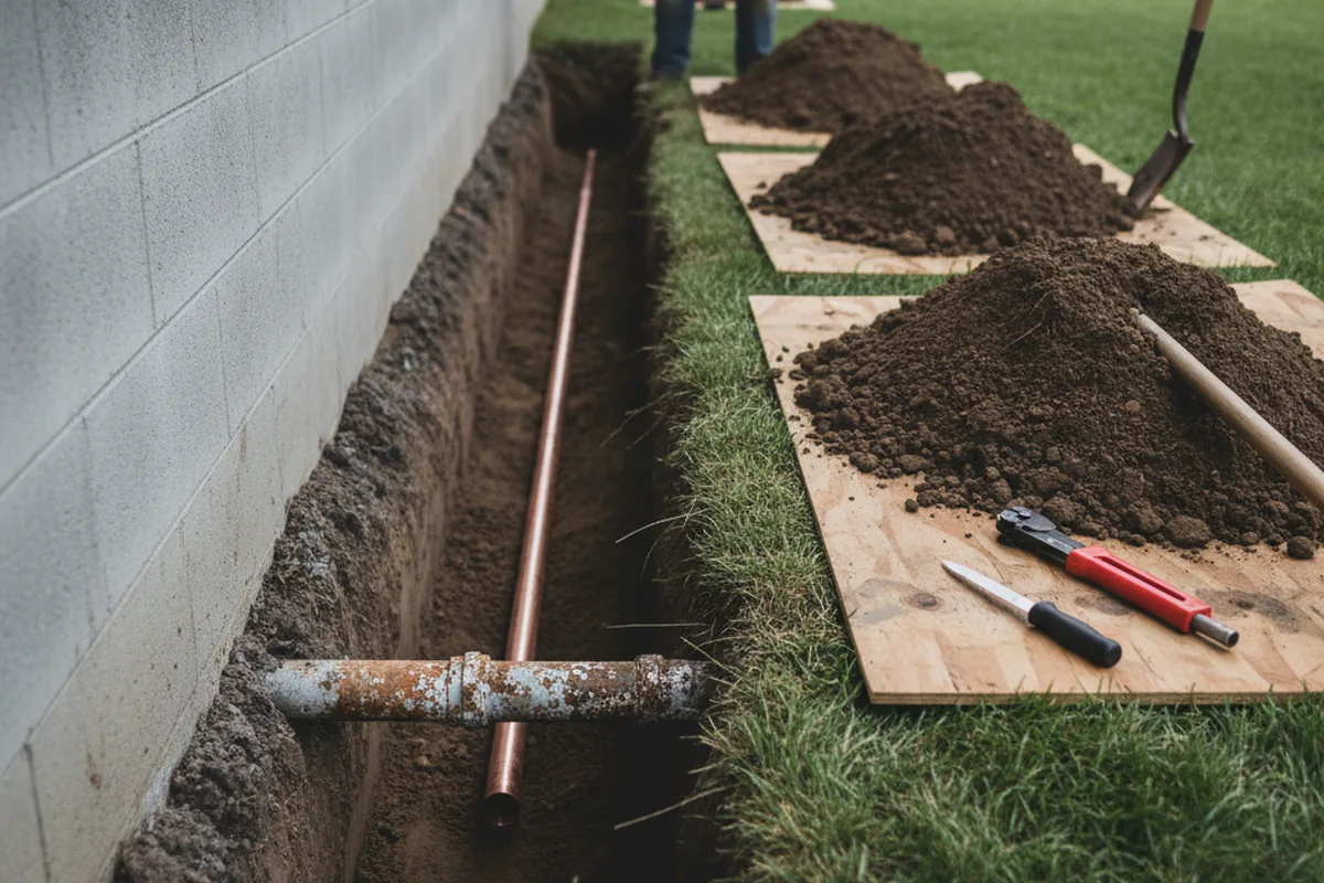 Excavated water line trench during Water Heater Repair in Rockland